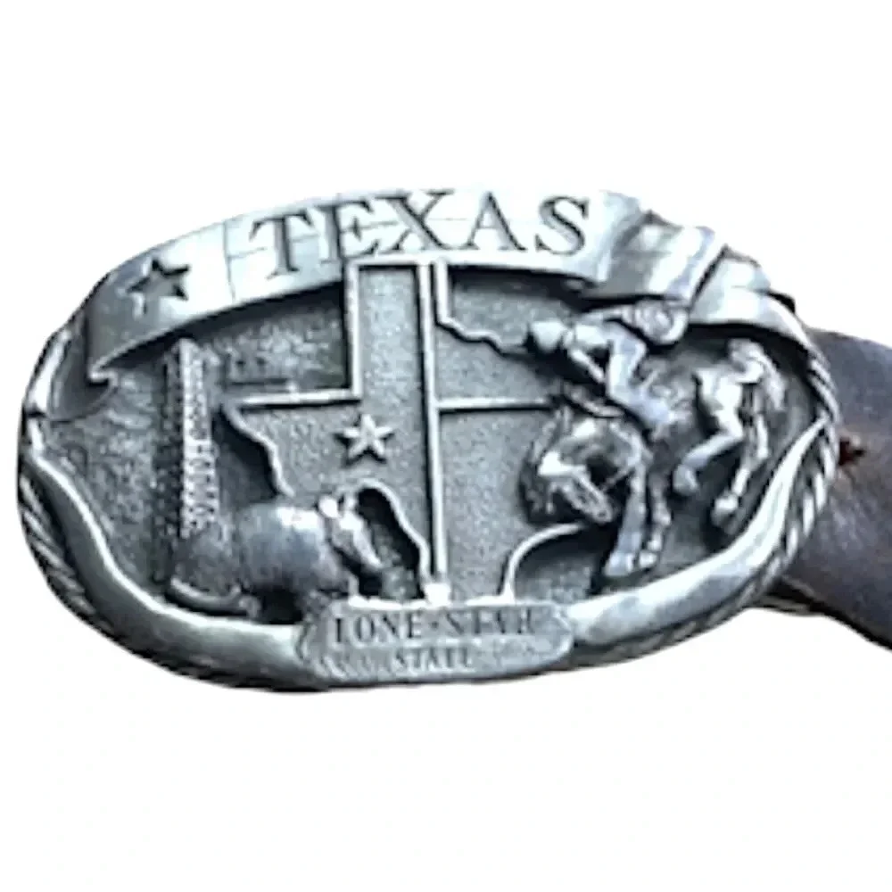 C & J Vintage leather belt TEXAS Lone Star State buckle Made in USA Western